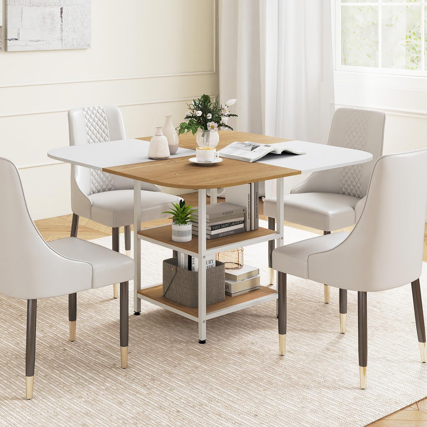 Dining Table for 4, 120 x 120cm Square Wooden Kitchen Tables with 2-Layer Storage Rack