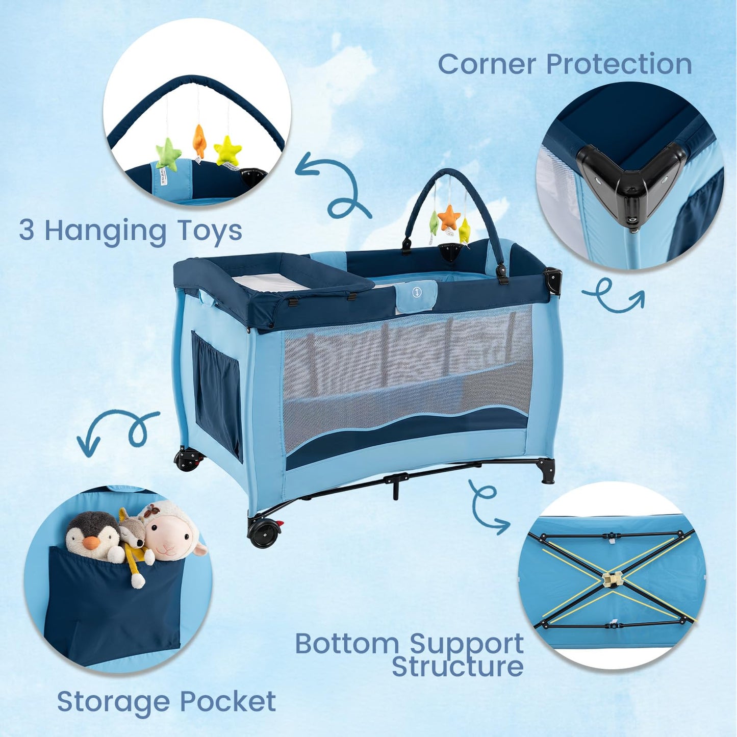 4 in 1 Pack and Play Foldable and Portable Baby Playard with Diaper Changing Table and 3 Hanging Toys