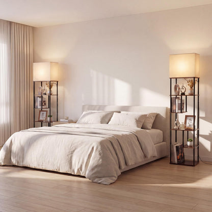 Floor Lamp with Shelves, 5-Tier Tall Standing Lamp with Linen Fabric Shade