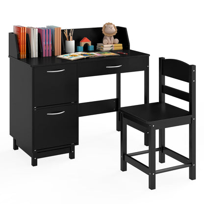 Kid's Study Desk and Chair Set with Deep Drawer and Enclosed Cabinets