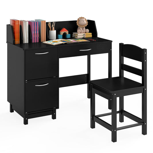 Kid's Study Desk and Chair Set with Deep Drawer and Enclosed Cabinets