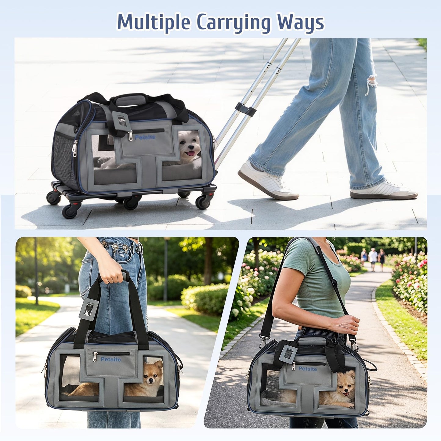 Foldable Rolling Pet Carrier with Wheels and Padded Carry Handle