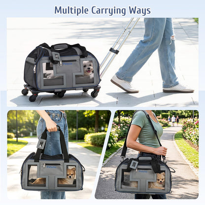 Foldable Rolling Pet Carrier with Wheels and Padded Carry Handle