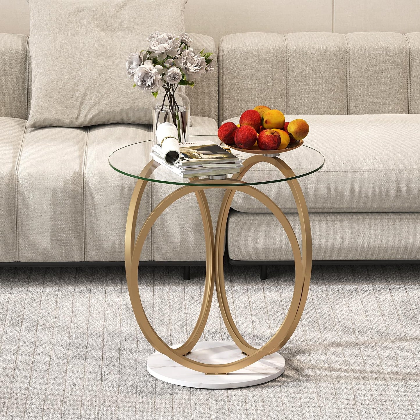 Round Glass Coffee Table with Geometric Metal Ring Frame for Living Room