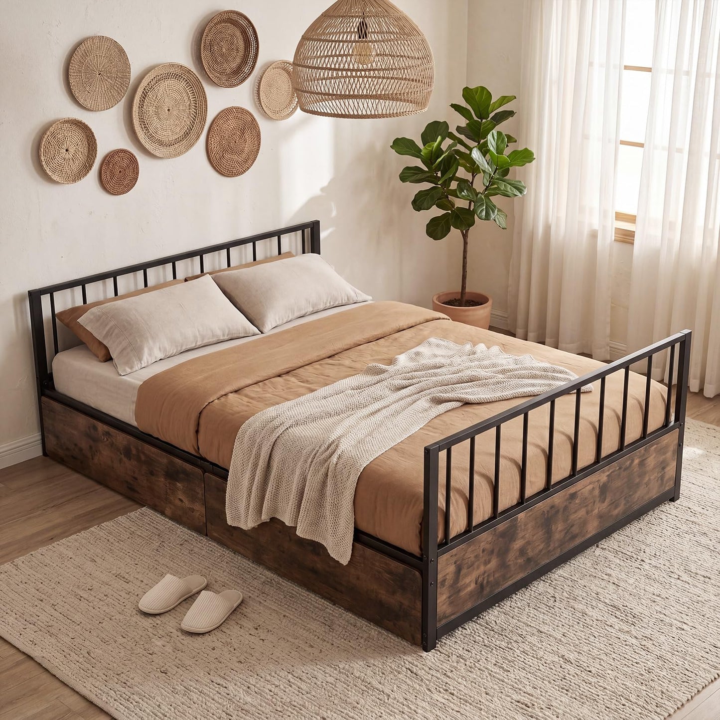 4FT6 Double Metal Bed Frame with 2 Storage Drawers, Headboard & Footboard