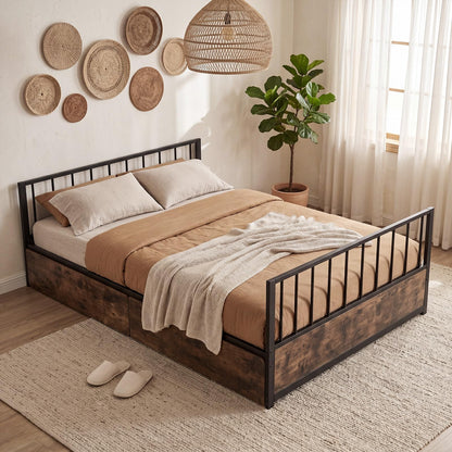 4FT6 Double Metal Bed Frame with 2 Storage Drawers, Headboard & Footboard