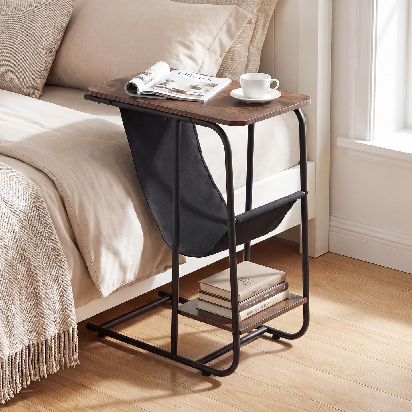 C-Shaped Side Table, Industrial Sofa End Table with Magazine Holder