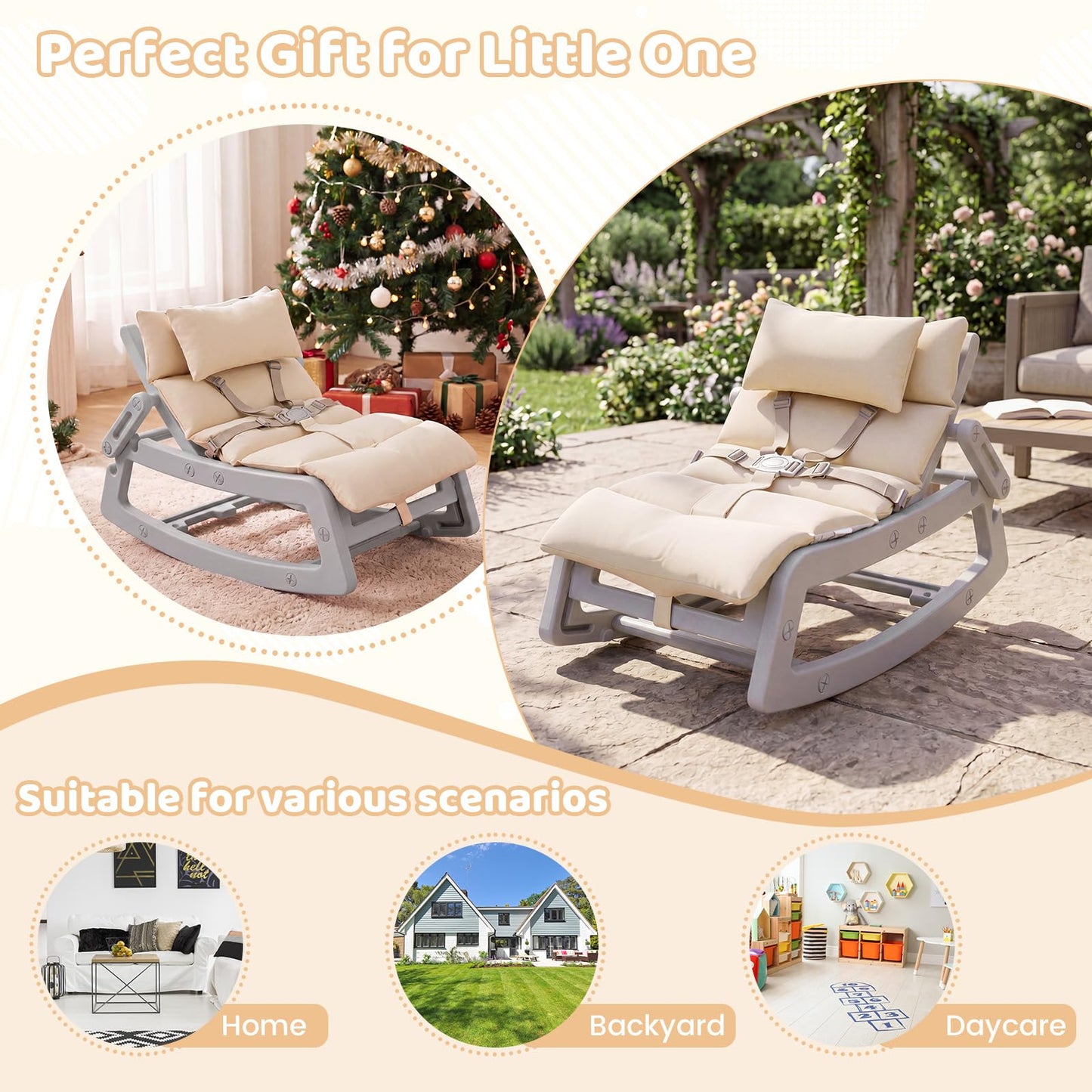 Kids Rocking Chair, Indoor Outdoor Toddlers Rocker with Adjustable Backrest