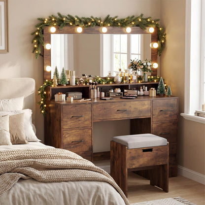Dressing Table with Large Mirror and Cushioned Storage Stool
