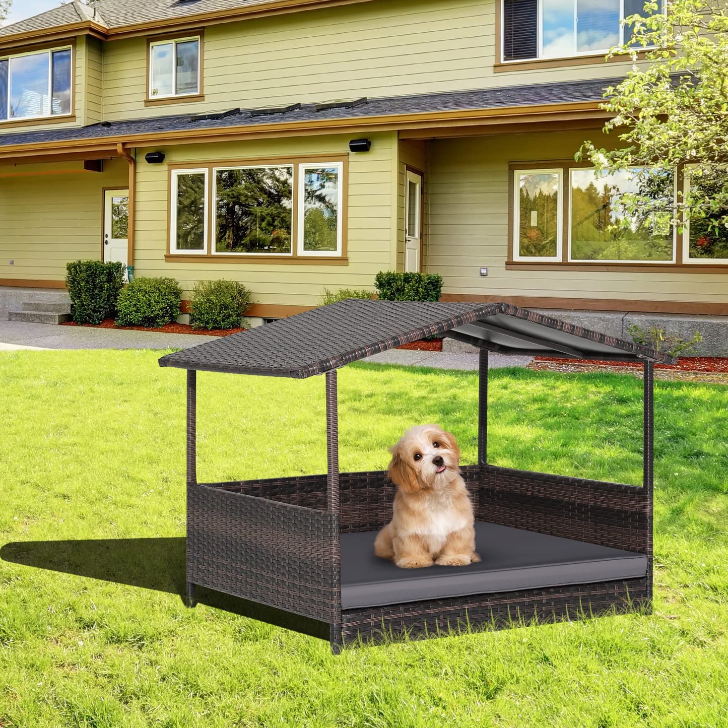Wicker Dog House with Roof and Removable Cushion for Living Room Yard
