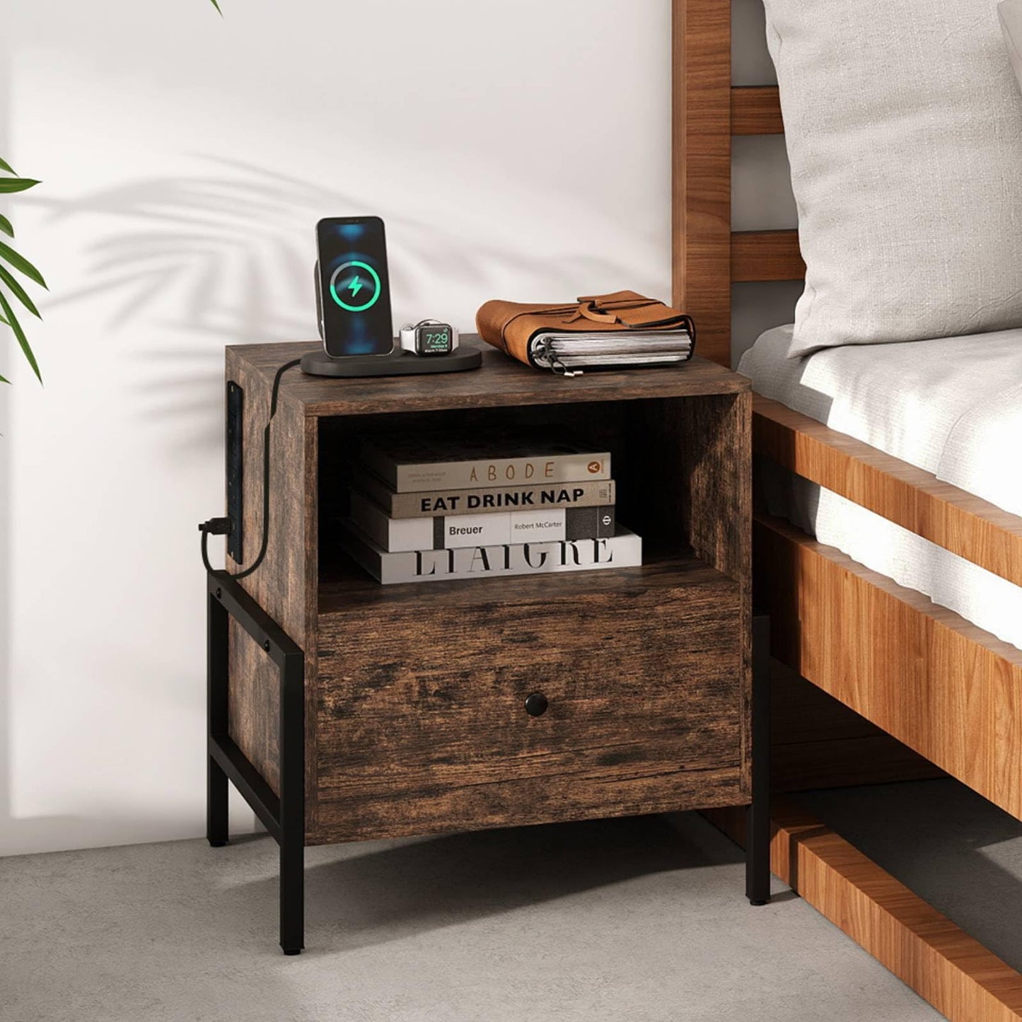 Nightstand with Charging Station 3-Tier Bedside Table with Drawer