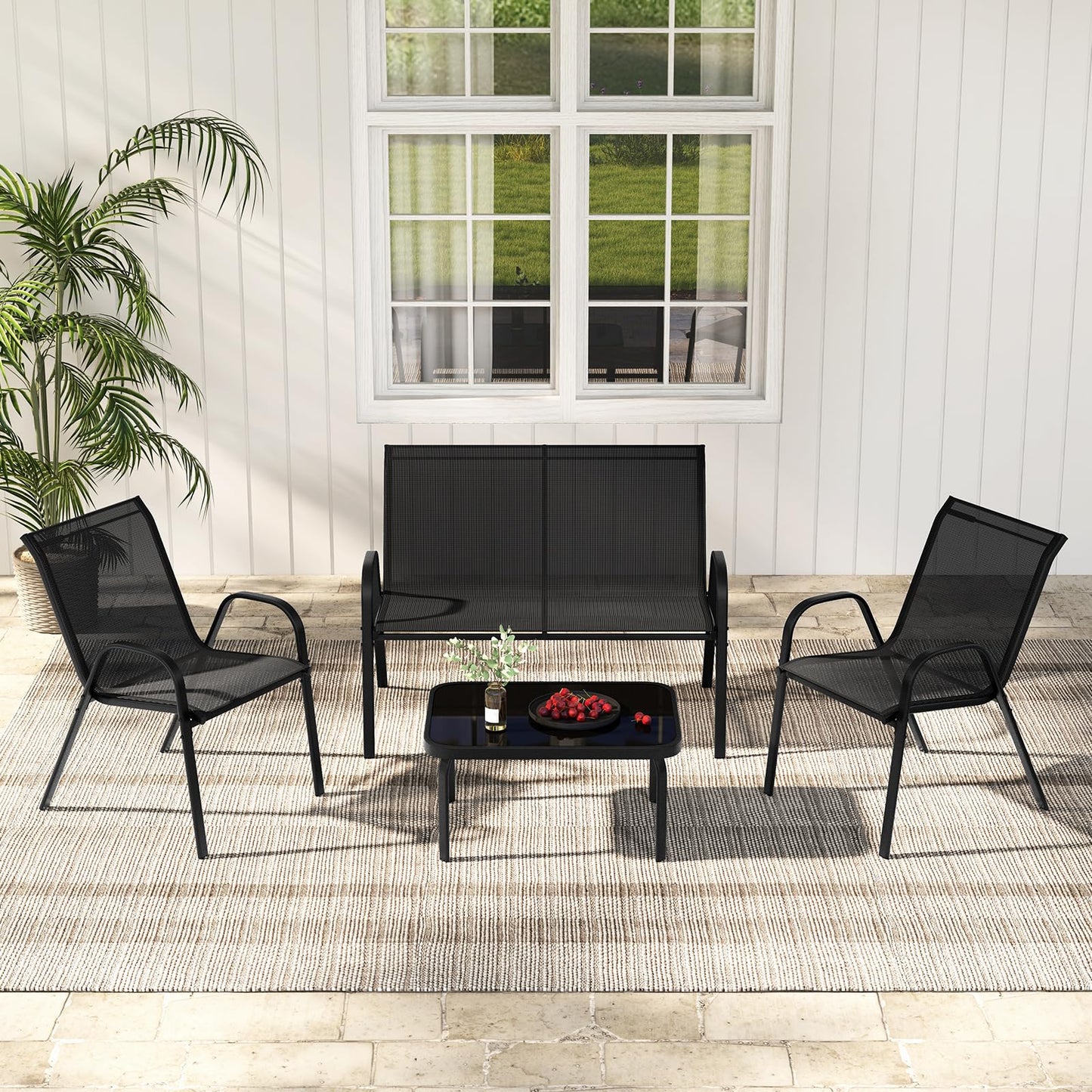 4-Piece Garden Furniture Set, Metal Frame Patio Conversation Set with Loveseat