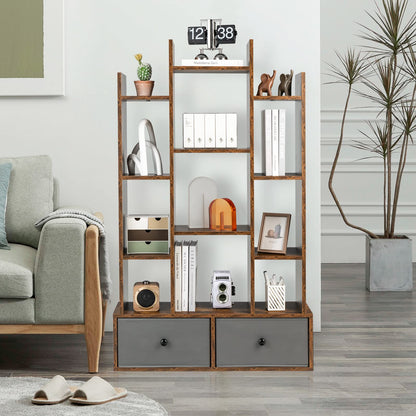 7/12-Tier Wooden Bookshelf with Folding Drawer for Study Living Room