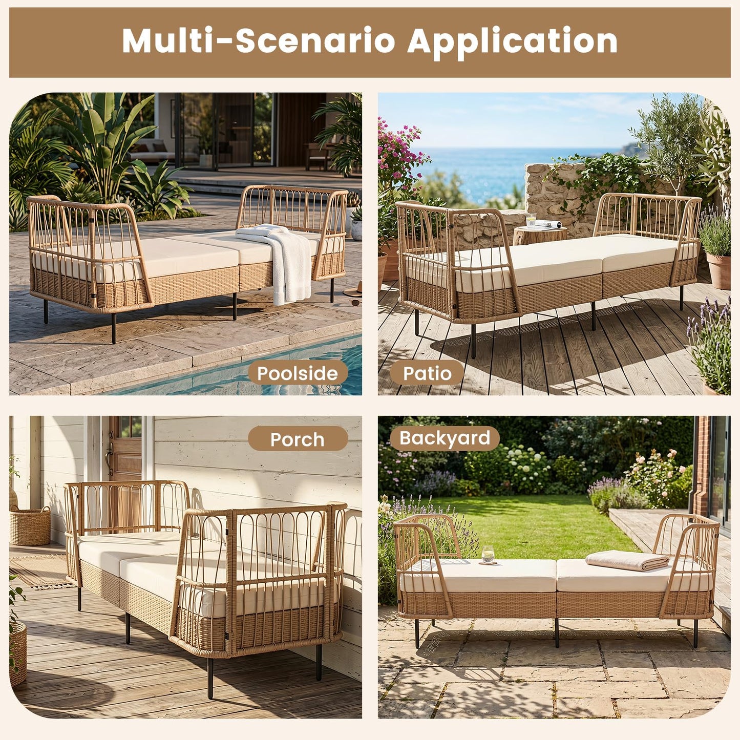 Garden Rattan Daybed, Patio Chaise Lounger Sun Bed with Cushions