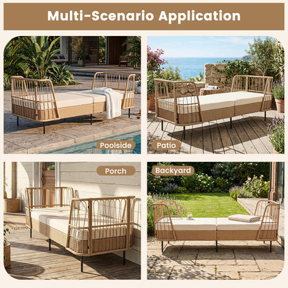 Garden Rattan Daybed, Patio Chaise Lounger Sun Bed with Cushions