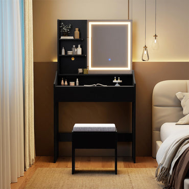 Dressing Table with LED Mirror and Cushioned Storage Stool