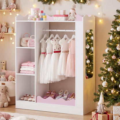 Kids Dress Up Storage, Wooden Children Wardrobe with Mirrors