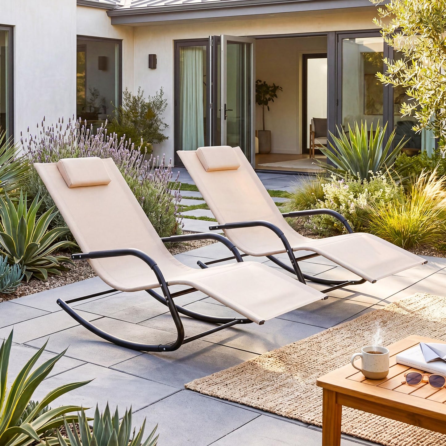 Rocking Sun Lounger, Zero Gravity Recliner Garden Rocking Chair with Headrest & Curved Armrests