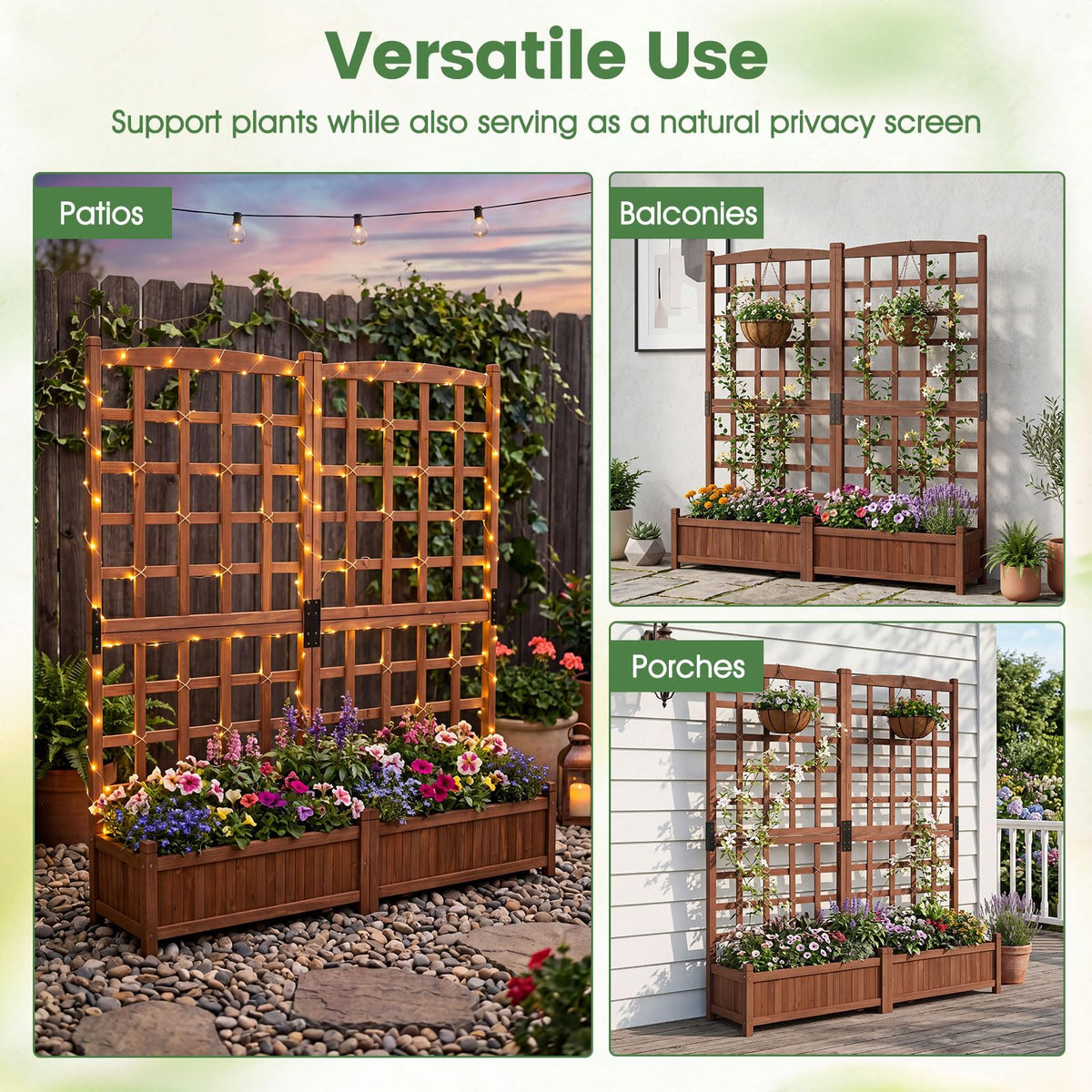 Wooden Garden Planter with Trellis, Raised Garden Bed with 2 Boxes