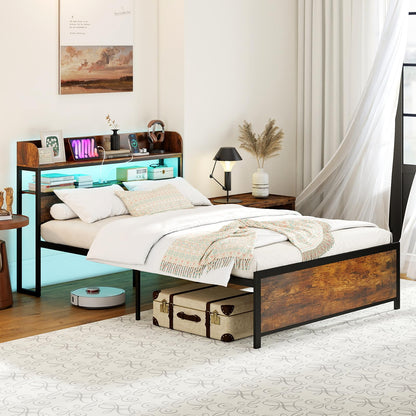 Double Bed Frame with LED Lights and Power Outlets with Storage Headboard