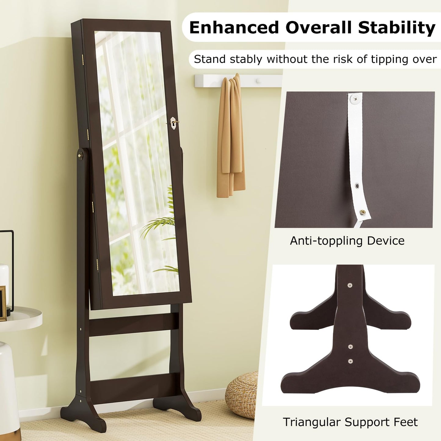 Freestanding Jewelry Armoire Cabinet with Inner LED Lights and 4 Adjustable Tilt Angles