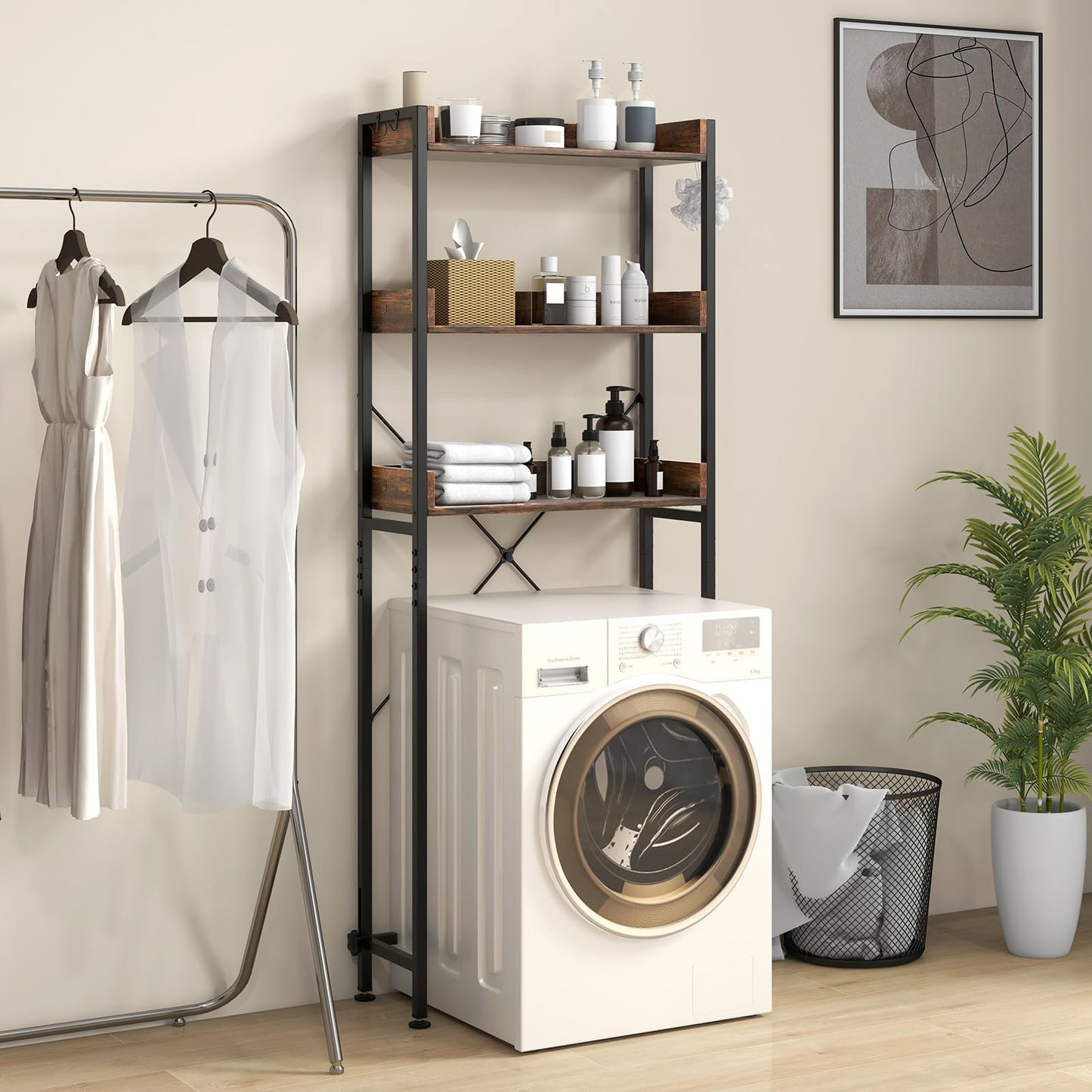 3-Tier Over The Toilet Storage Rack with 4 Hooks and Adjustable Bottom Bar