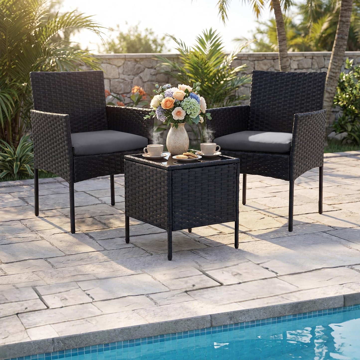 3-Piece Patio Bistro Set, PE Rattan Furniture Set with Soft Cushions & Tempered Glass Top Table
