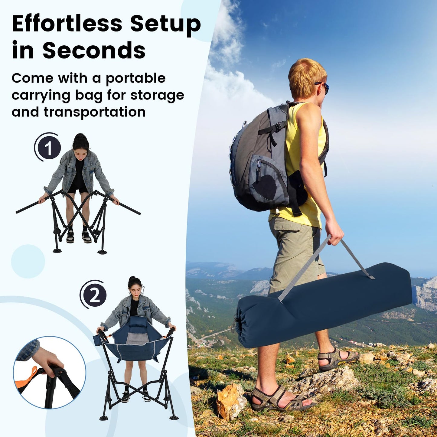 Folding Hammock Camping Chair with Adjustable Back Head Pillow
