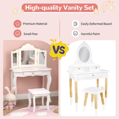 Kids Vanity Table and Stool Set with Real Glass Tri-Folding Mirror and Drawer