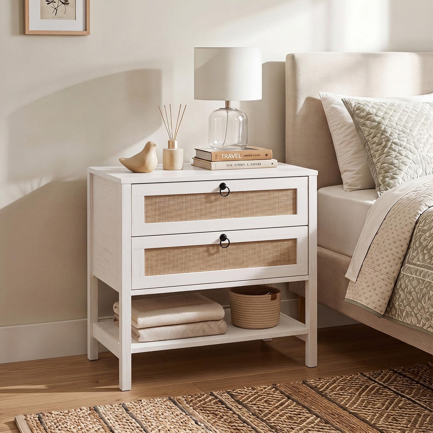 Rattan Bedside Table, Boho Nightstand with 2 Drawers