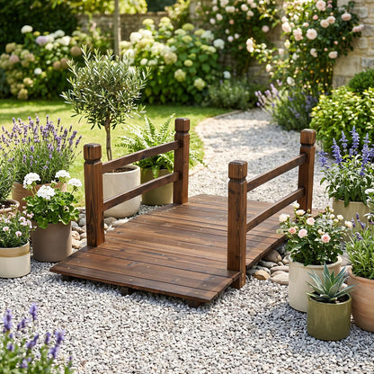 1.25M Wooden Garden Bridge, Decorative Pond Bridges with Safety Railings