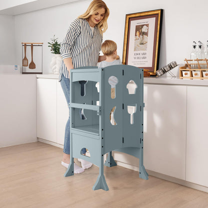 Height Adjustable Toddler Kitchen Helper with Safety Latches and Protective Rail