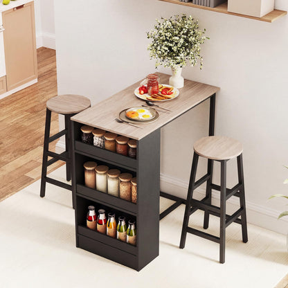 3 Piece Bar Table Set, Dining Table and 2 Stools with 3-Tier Side Shelves & Footrest