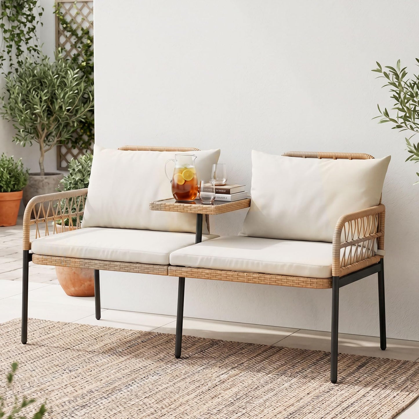 Rattan Jack and Jill Seat with Built-In Table and Cushions for Patio Balcony