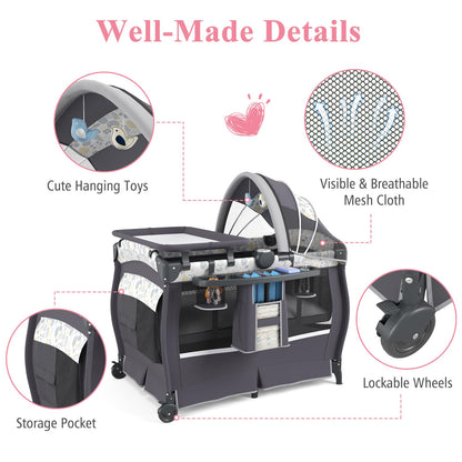 5 in 1 Portable Pack and Play with Bassinet and Mattress