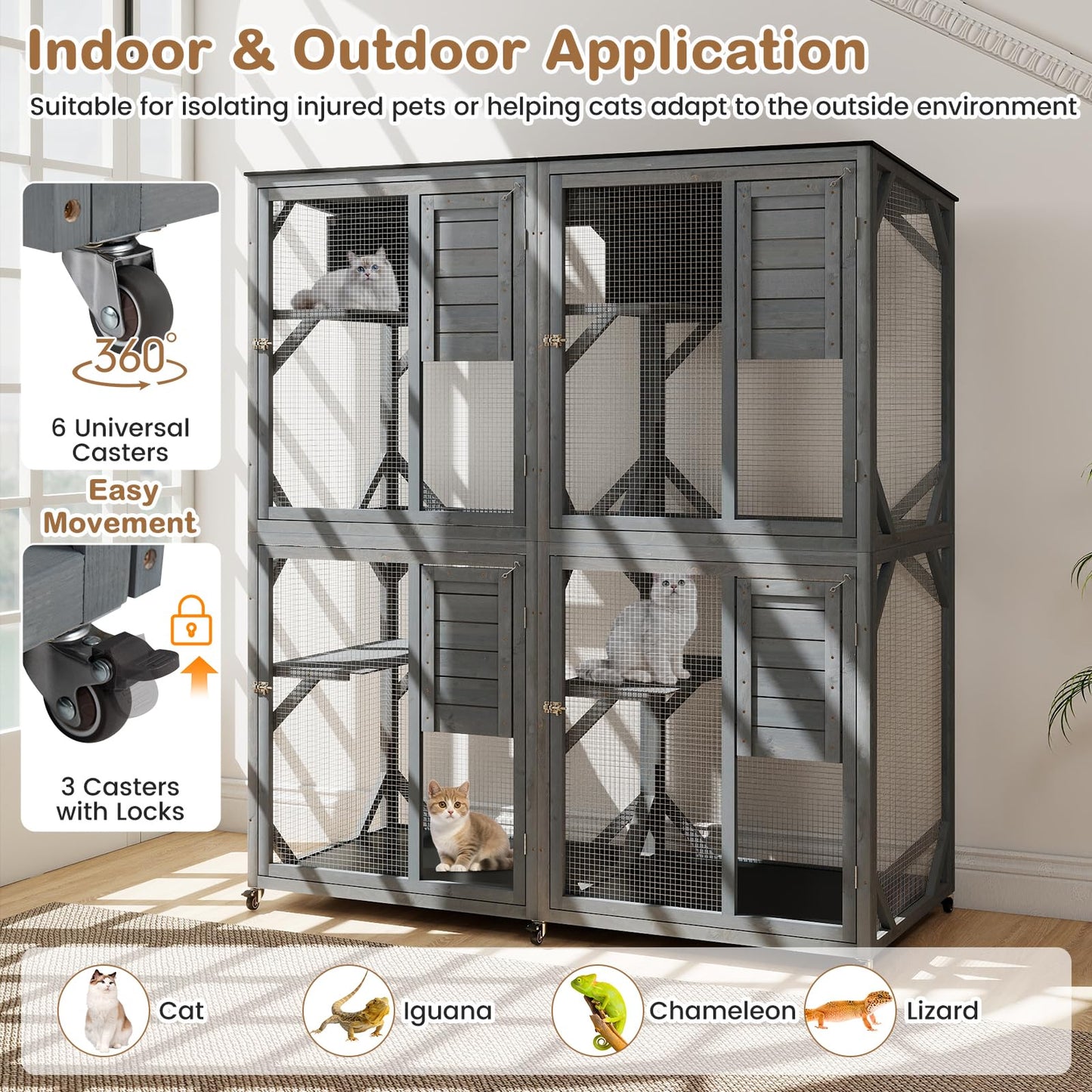 Spacious Fir Wood Outdoor Cat Enclosure with 2 Rest Nooks and 4 Activity Platforms