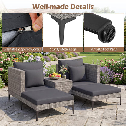 5-Piece Rattan Garden Furniture Set, Patio Conversation Set with 2 Chairs, 2 Ottomans, Coffee Table & Thick Cushions