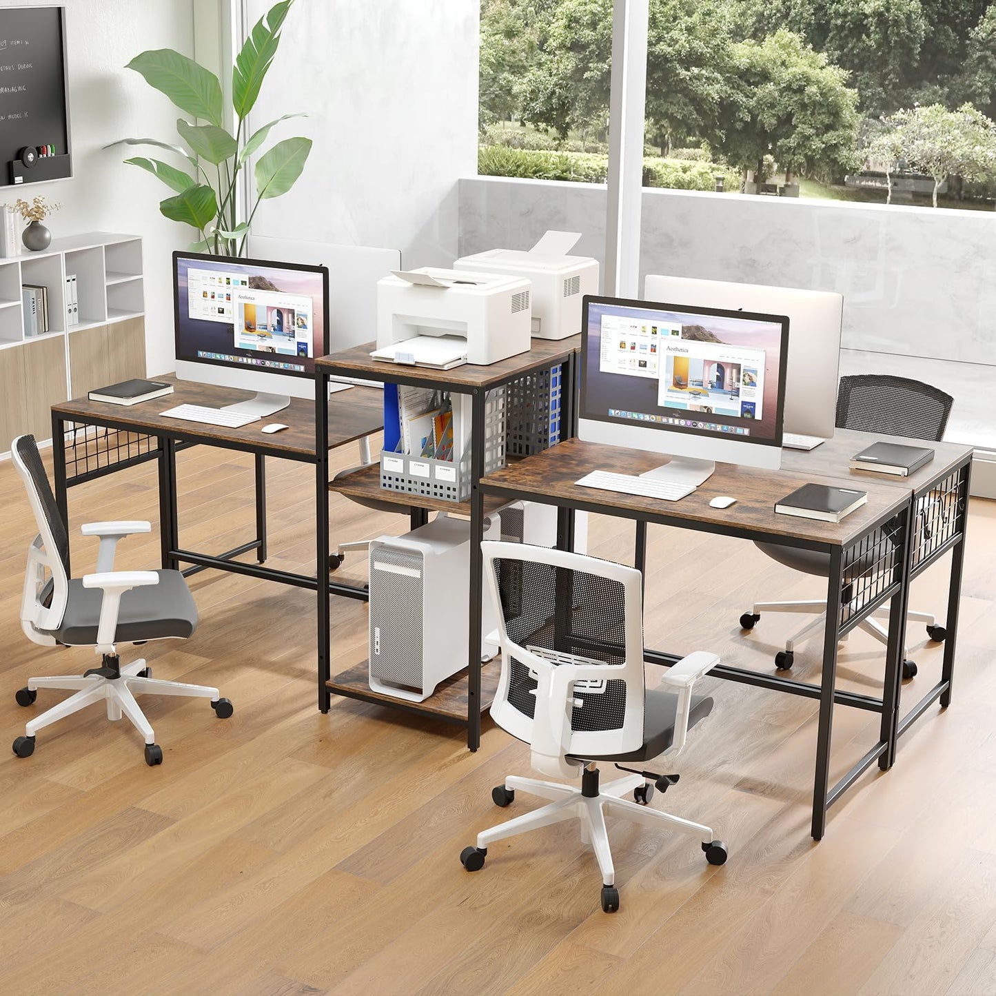 240 cm Long Convertible 2-Person Desk with Printer Stand and Adjustable Shelf