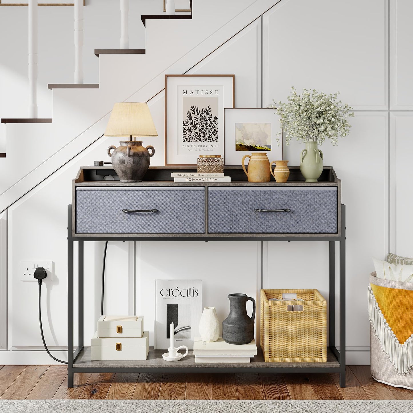 Console Table with Charging Station 110cm Entryway Table with 2 Drawers