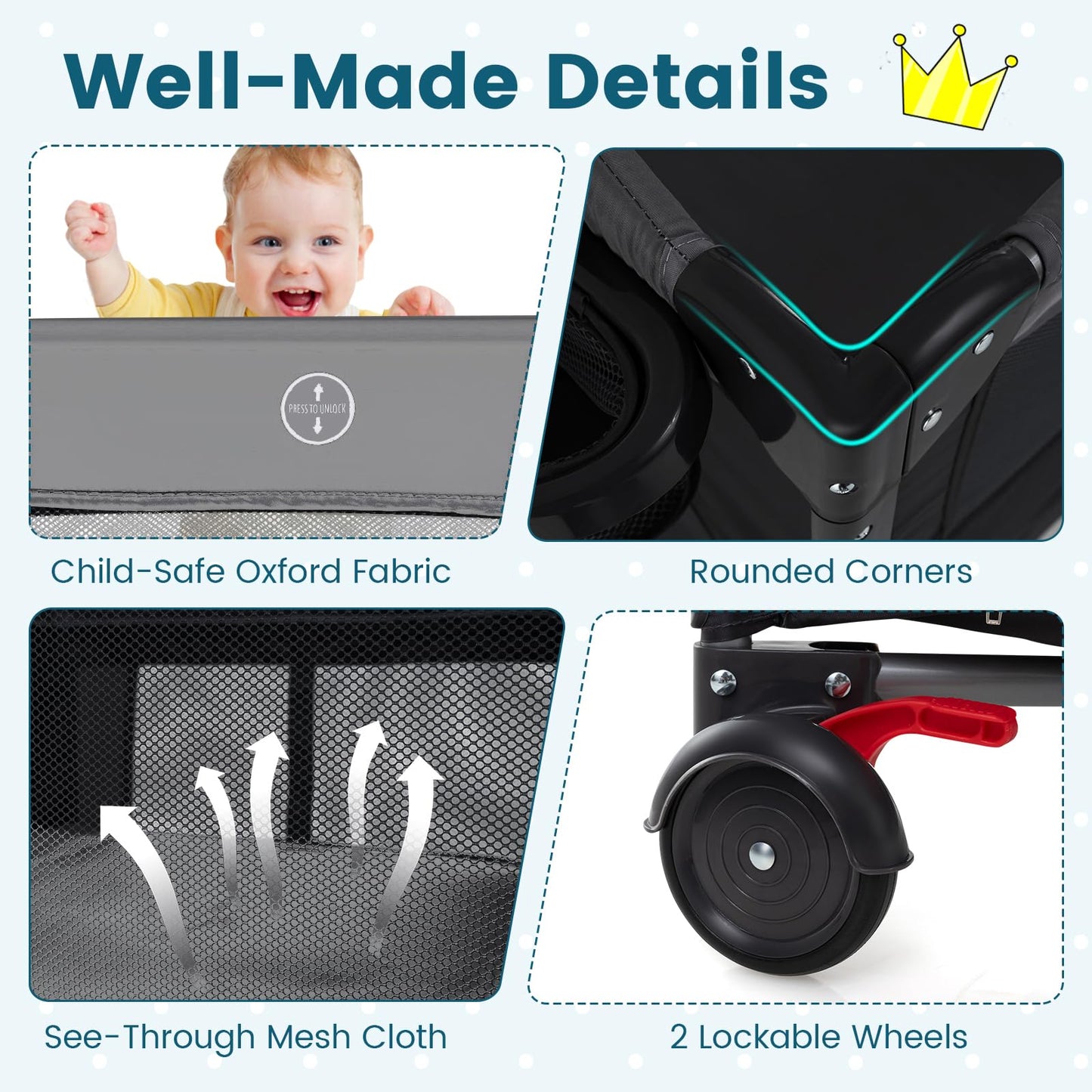 Foldable Pack and Play with 5 Adjustable Heights and Changing Table