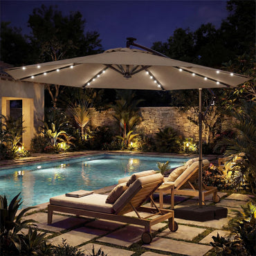3M Garden Cantilever Parasol, Outdoor Offset Banana Hanging Umbrella with LED Lights