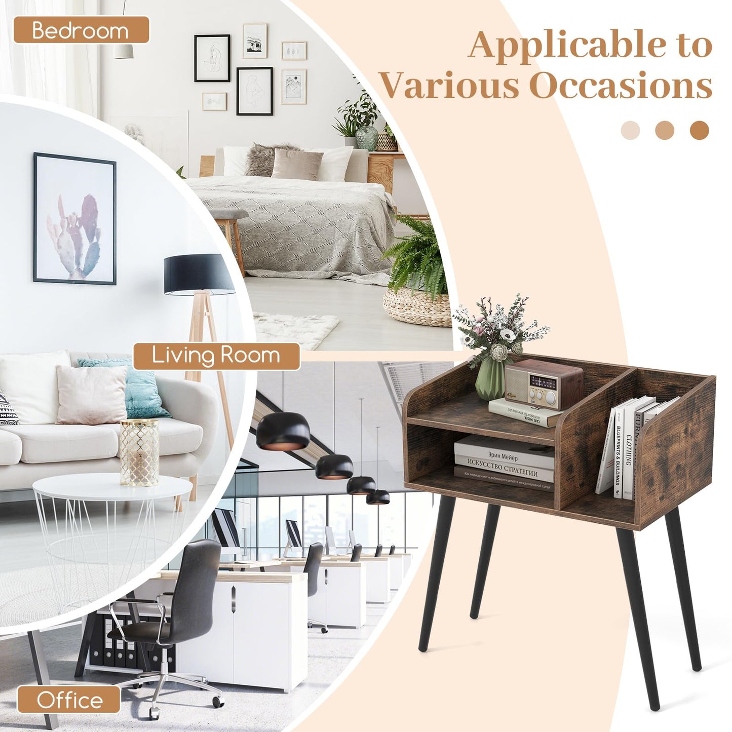 2-Tier Mid Century Modern Nightstand with Open Shelves