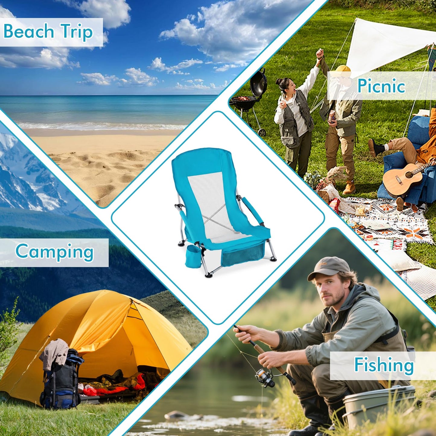 Folding Beach Chair with Padded Armrests and Storage Pocket