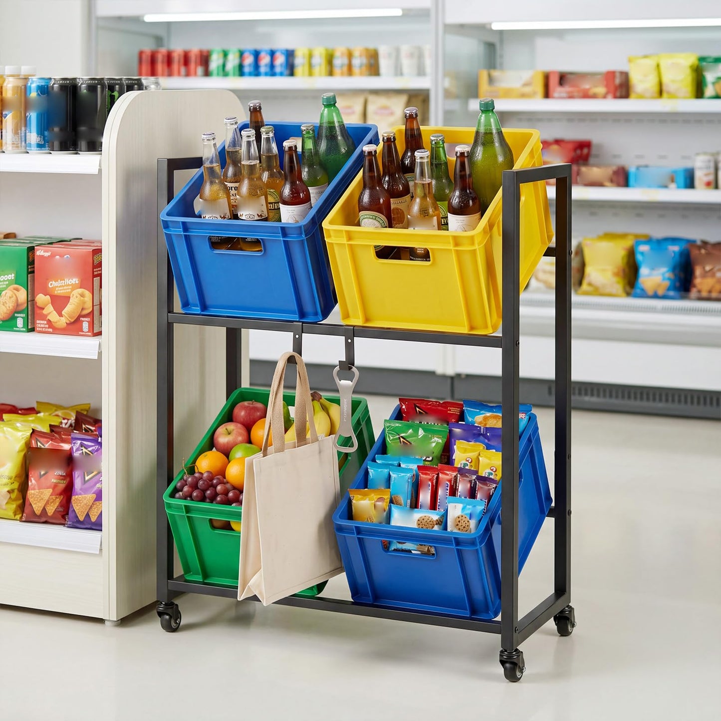 Rolling Drink Crate Rack for 4 Box, Metal Bottle Storage Shelf with 4 Wheels