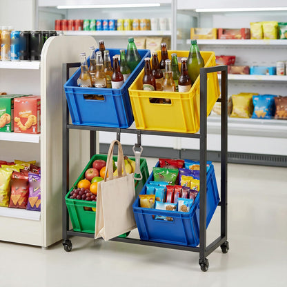Rolling Drink Crate Rack for 4 Box, Metal Bottle Storage Shelf with 4 Wheels