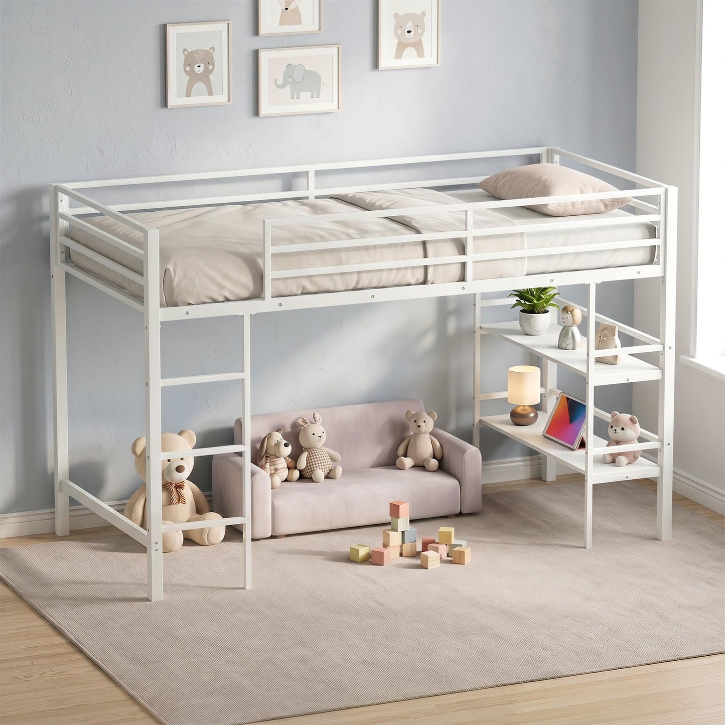 Kids Loft Bed, Metal Single Size Low Loft Bed with Under-Bed Space