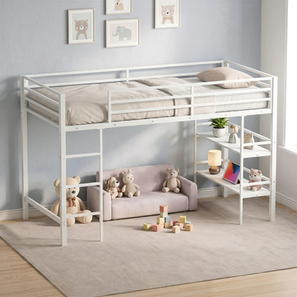 Kids Loft Bed, Metal Single Size Low Loft Bed with Under-Bed Space
