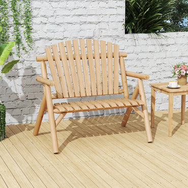 2-PersonLog Wood Patio Bench with Slatted Backrest Built-in Armrest and Curved Seat