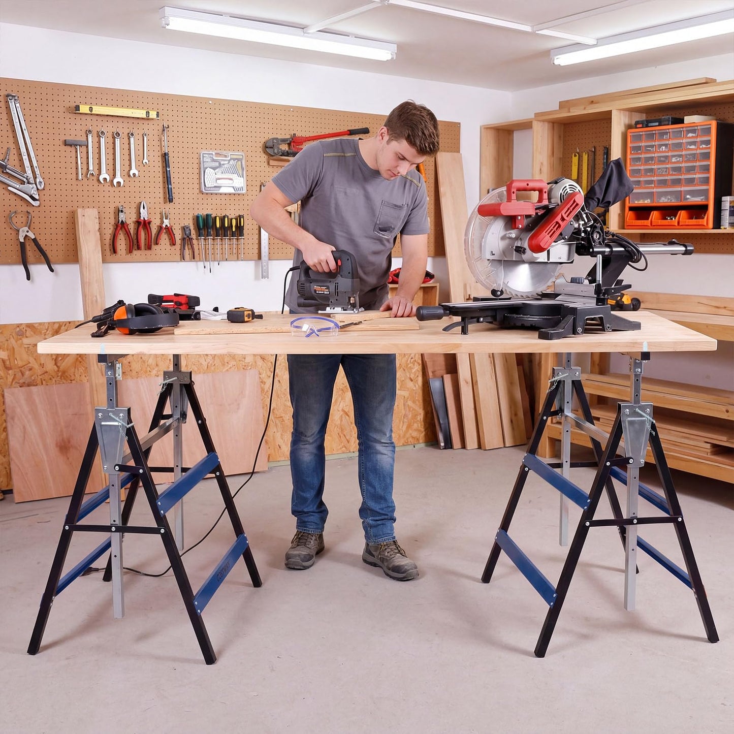 Set of 2 Adjustable Builders Trestle with Top Limit Clip (Blue) | 200kg Capacity Telescopic Saw Horse