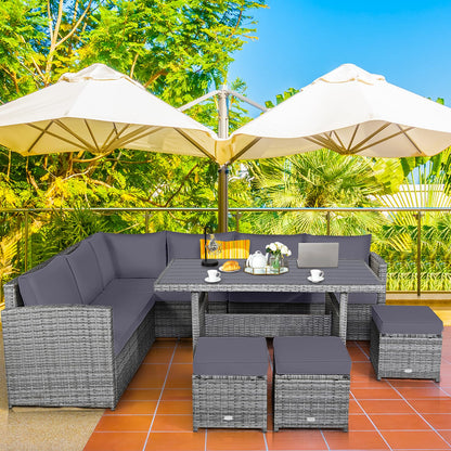 9 Seater Patio Rattan Corner Sofa Set with Sofa Chairs and Coffee Table